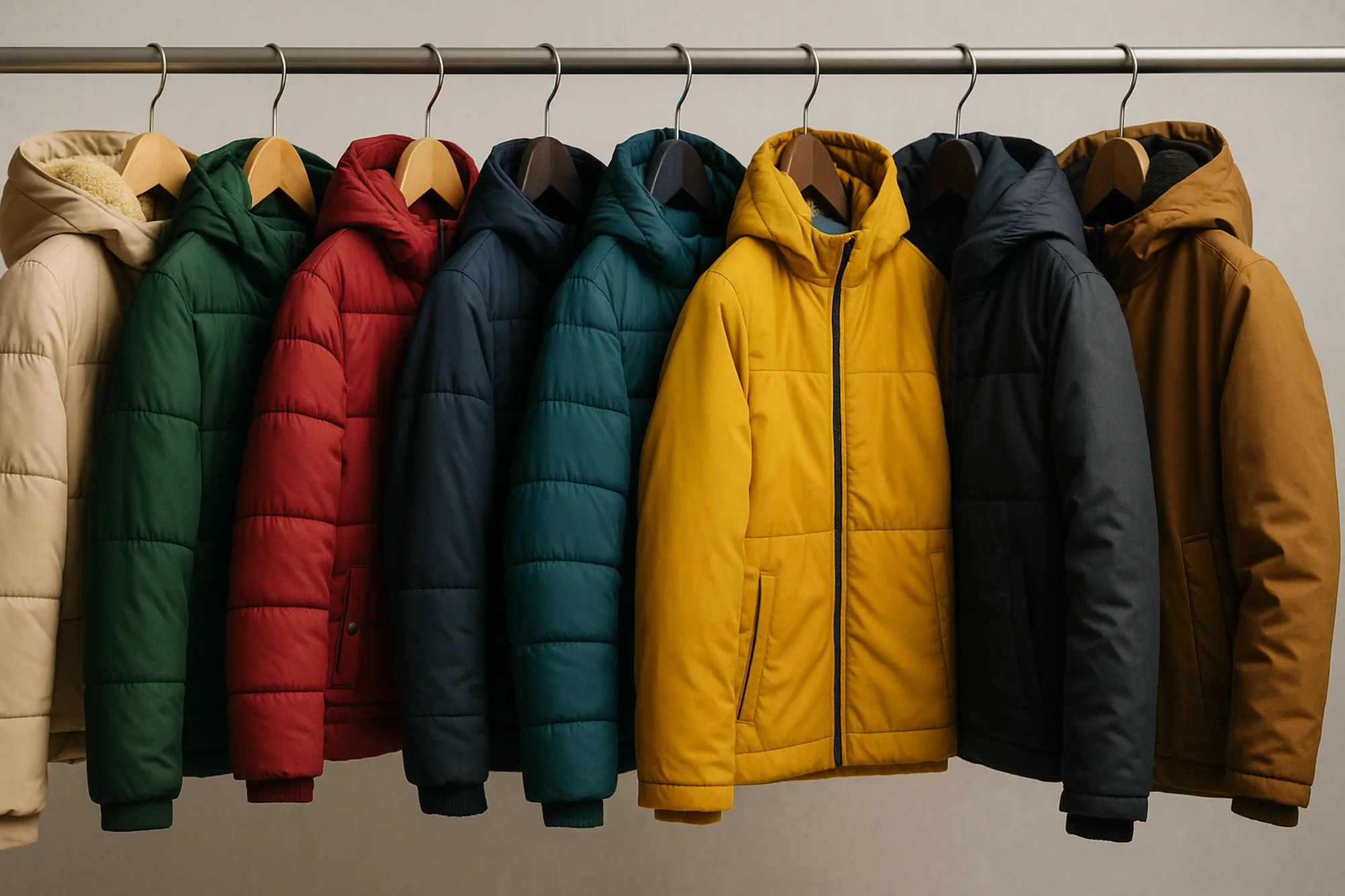 Colorful coats hanging on a rod.